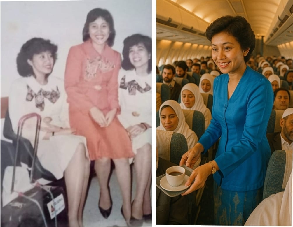 Foto kiri: Tutin (kiri) bersama teman pramugari lain dan foto kanan ilustrasi pramugari bertugas.
