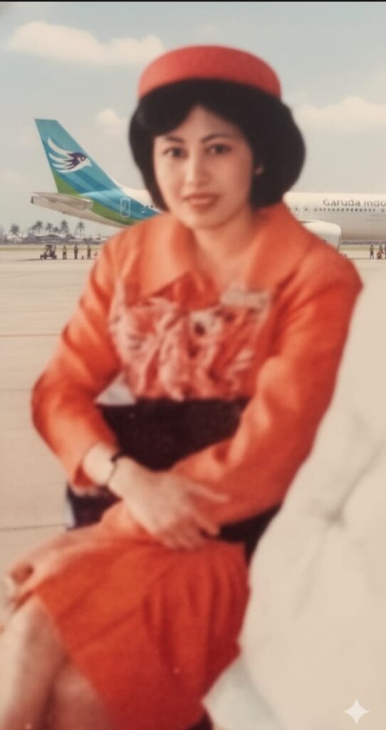 Tutin dengan latar pesawat Garuda Indonesia